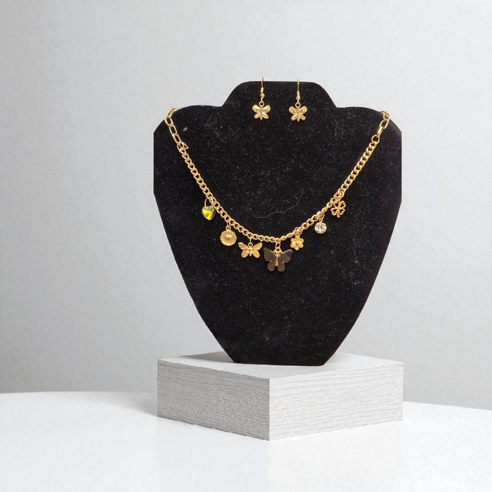 Gold Butterfly Charm Necklace Set w/ Earrings| Available In Several Colors - Picture 10 of 15
